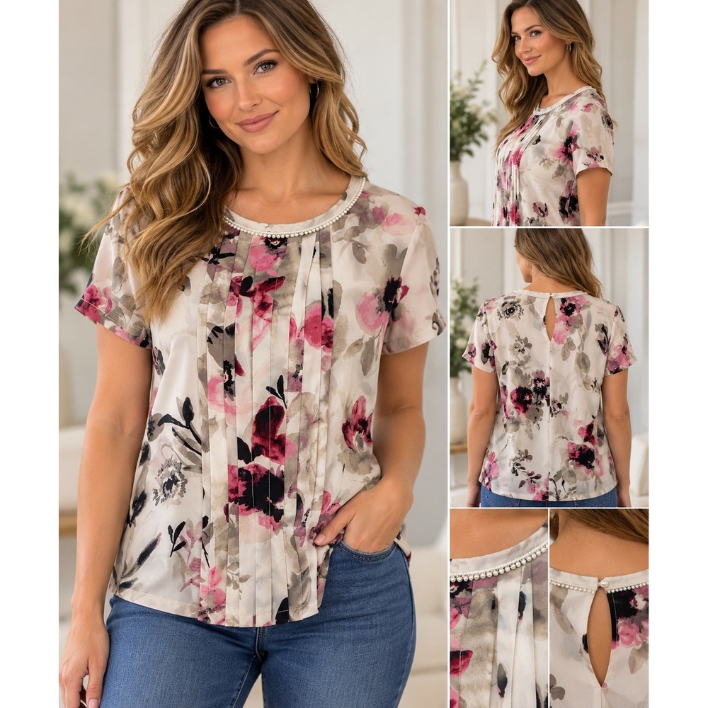 Karl Lagerfeld Paris Blouse Size 8 Floral Pearl Neck Pleated Short Sleeve